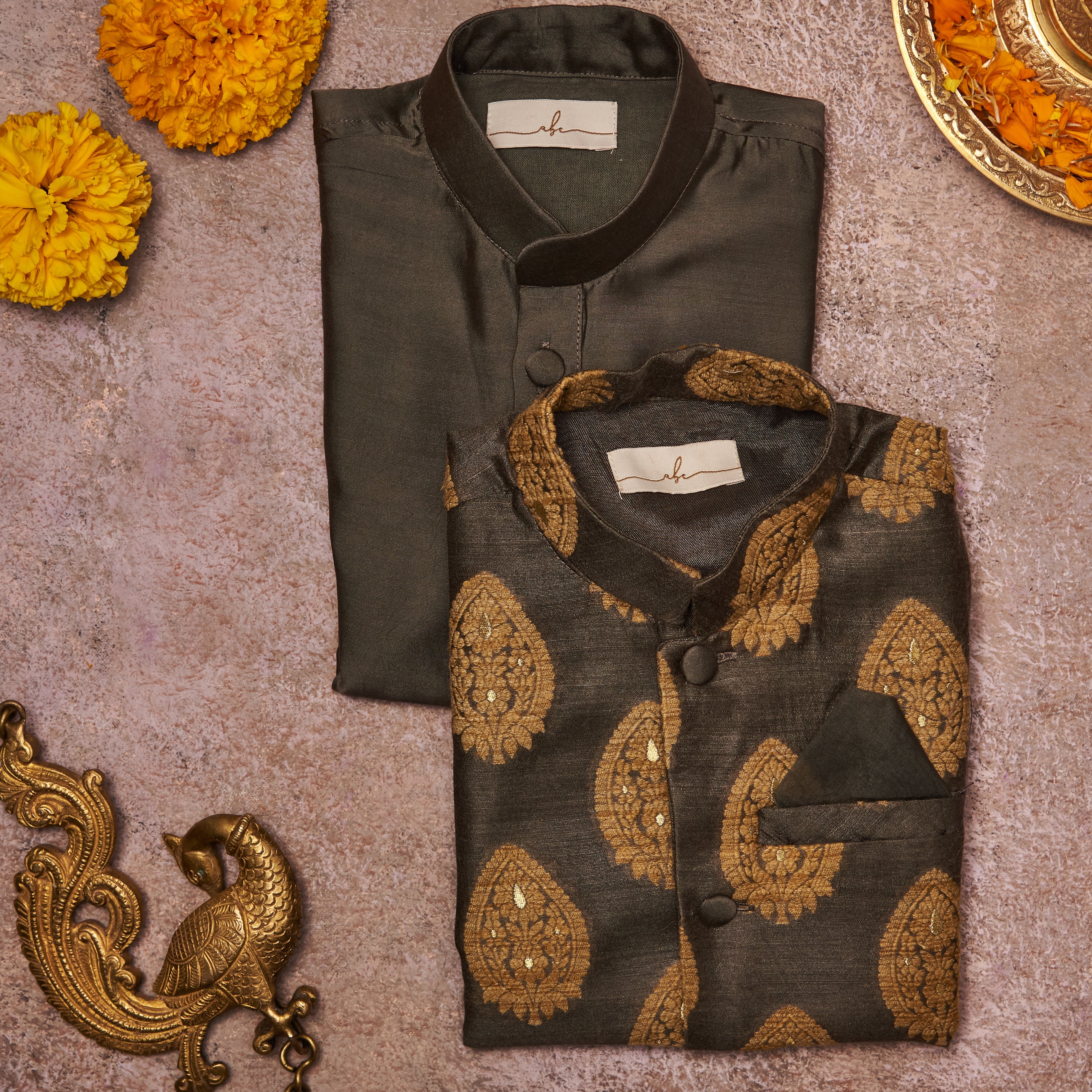 Grey Banarasi Kurta Jacket Set