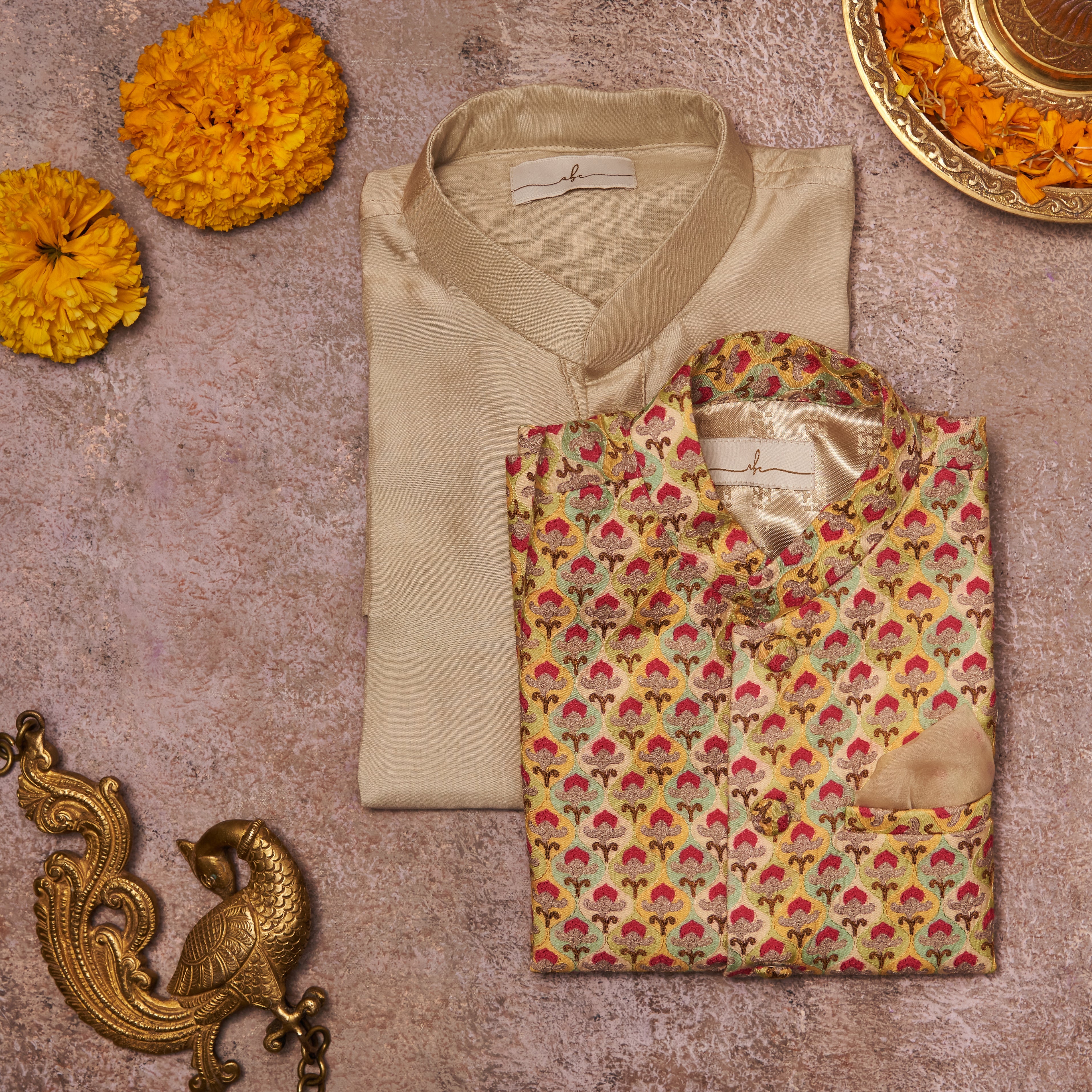 Multicolour Moonga Kurta Jacket Set