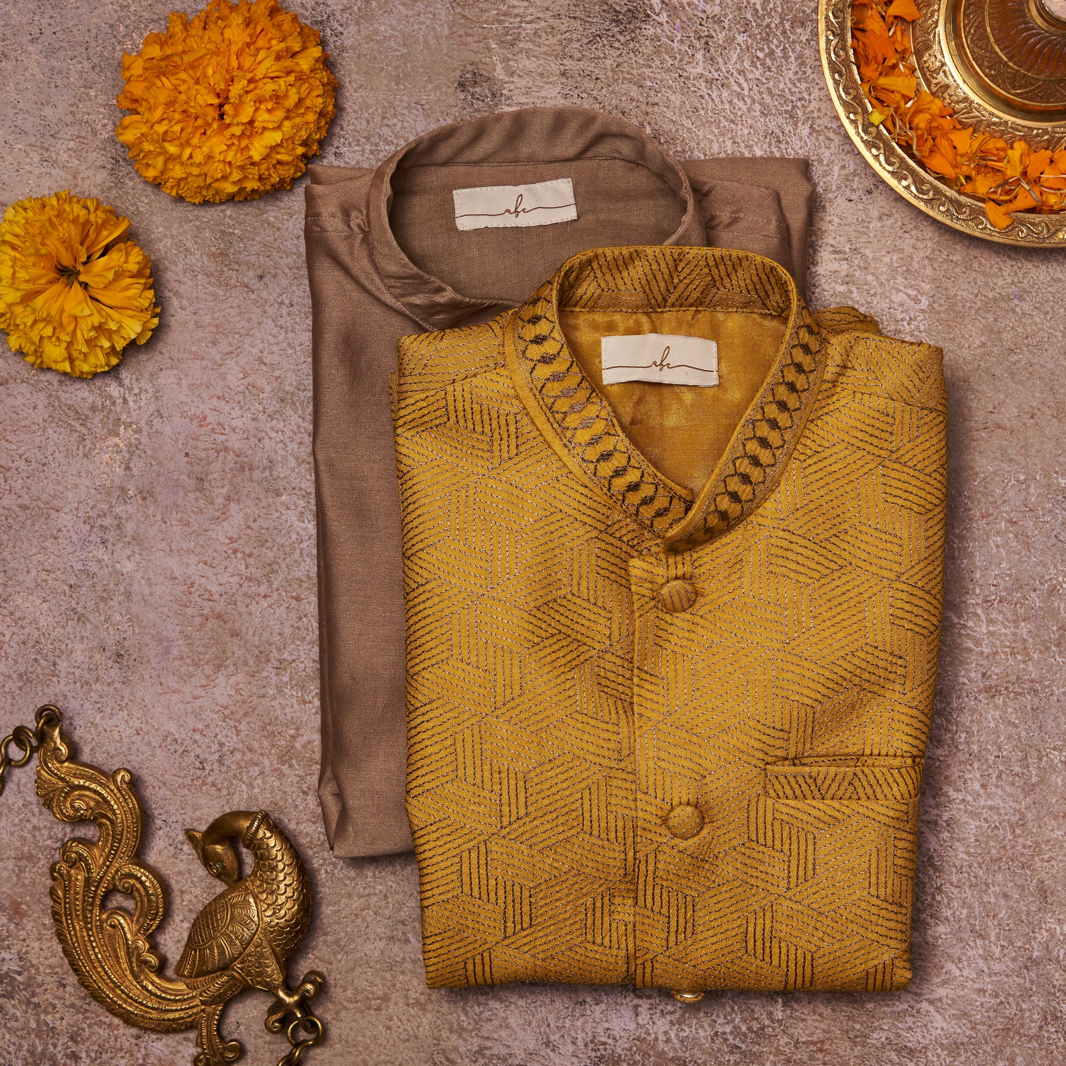 Mustard Thread Embroidered Jacket Set