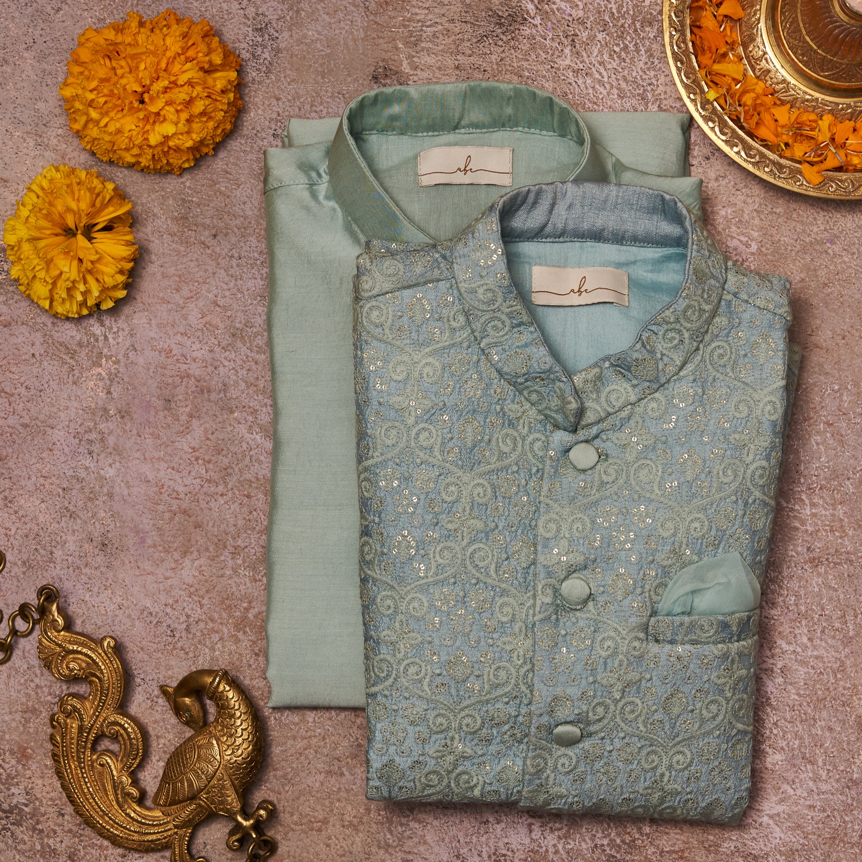 Sky Blue Lakhnawi Kurta Jacket Set