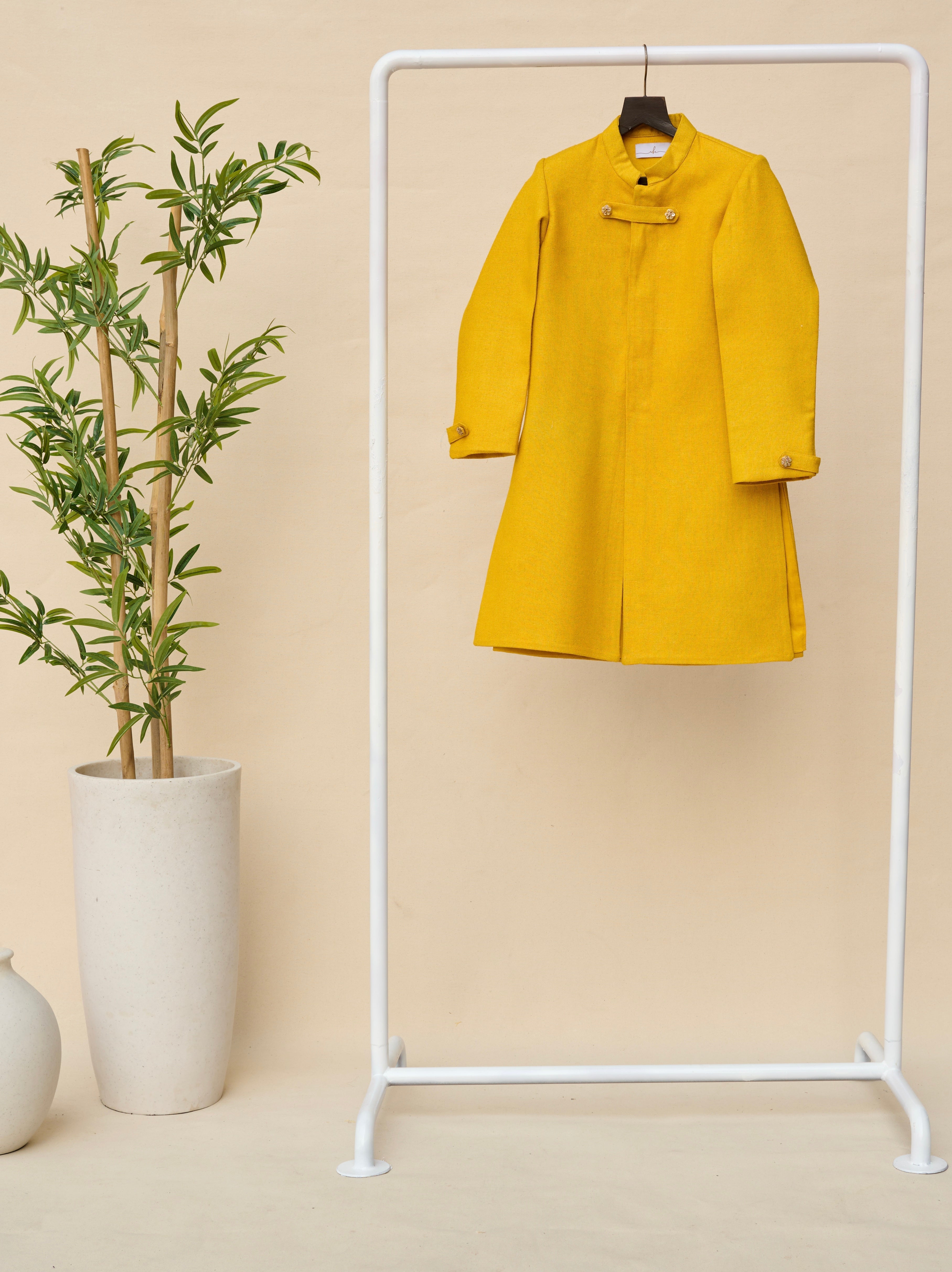 Bright Yellow Cotton Matka Achkan Set