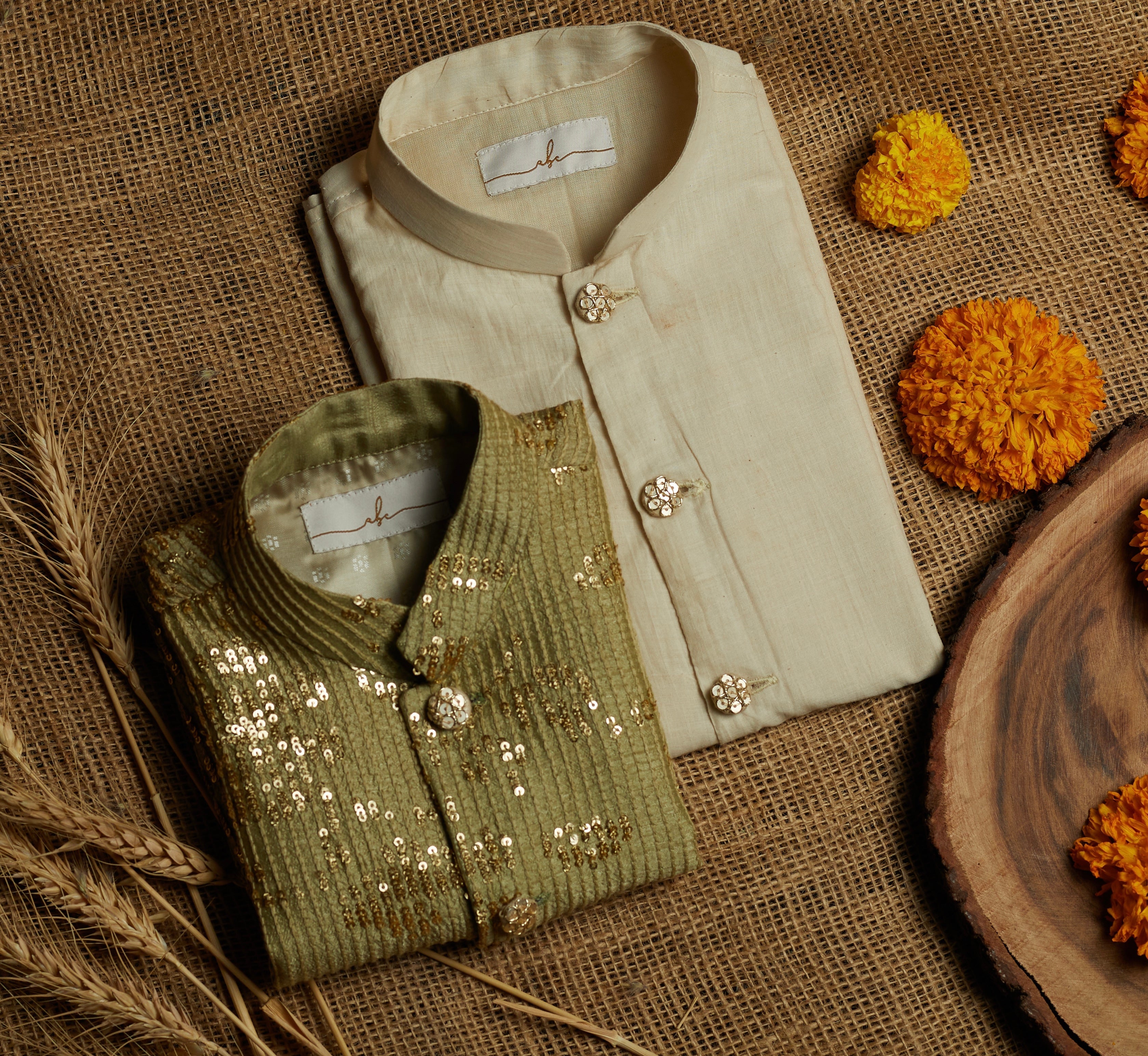 Sage Green Sequins Work Kurta Jacket Set