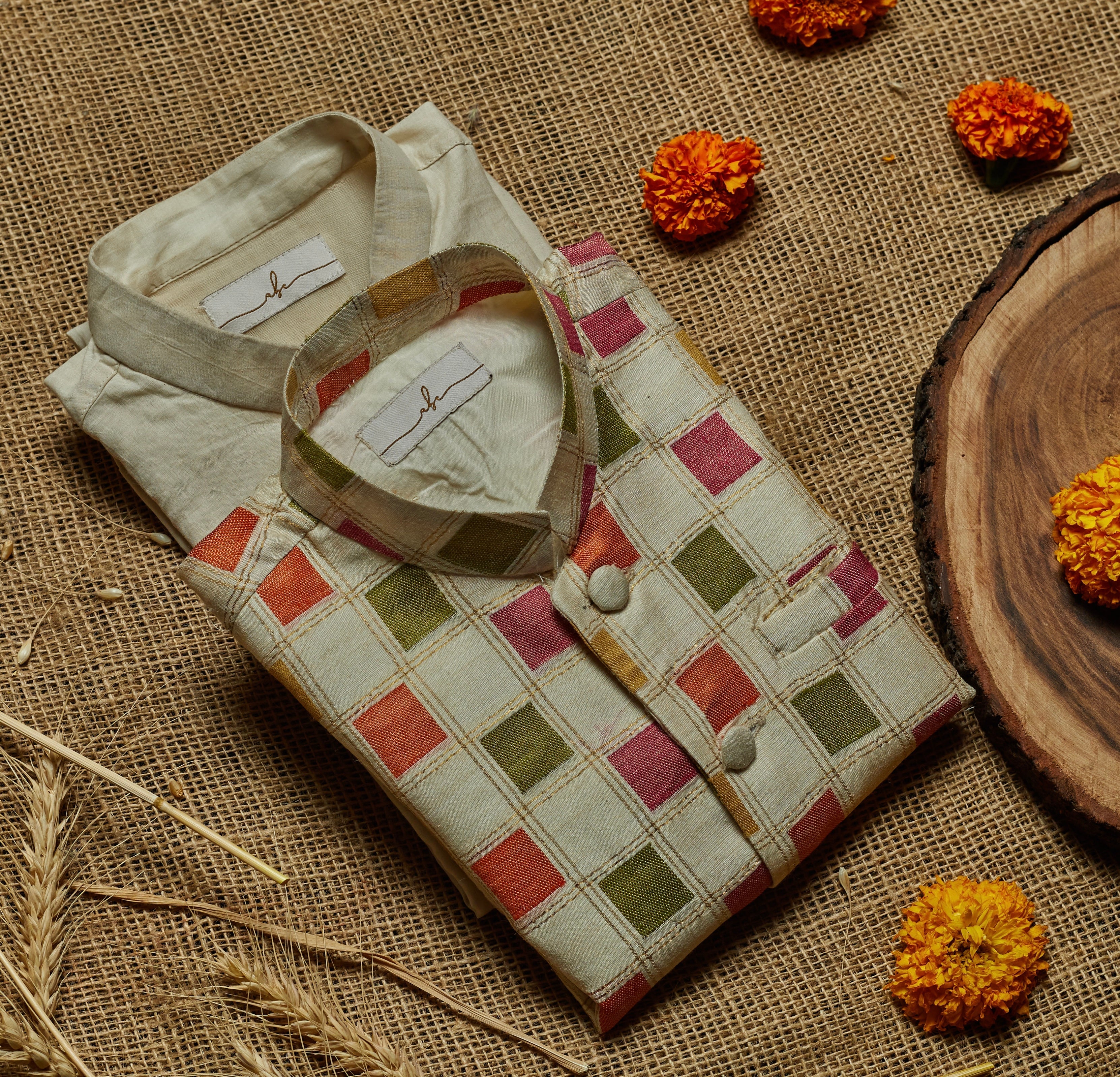 Beige Multicolour Moonga Silk Kurta Jacket Set