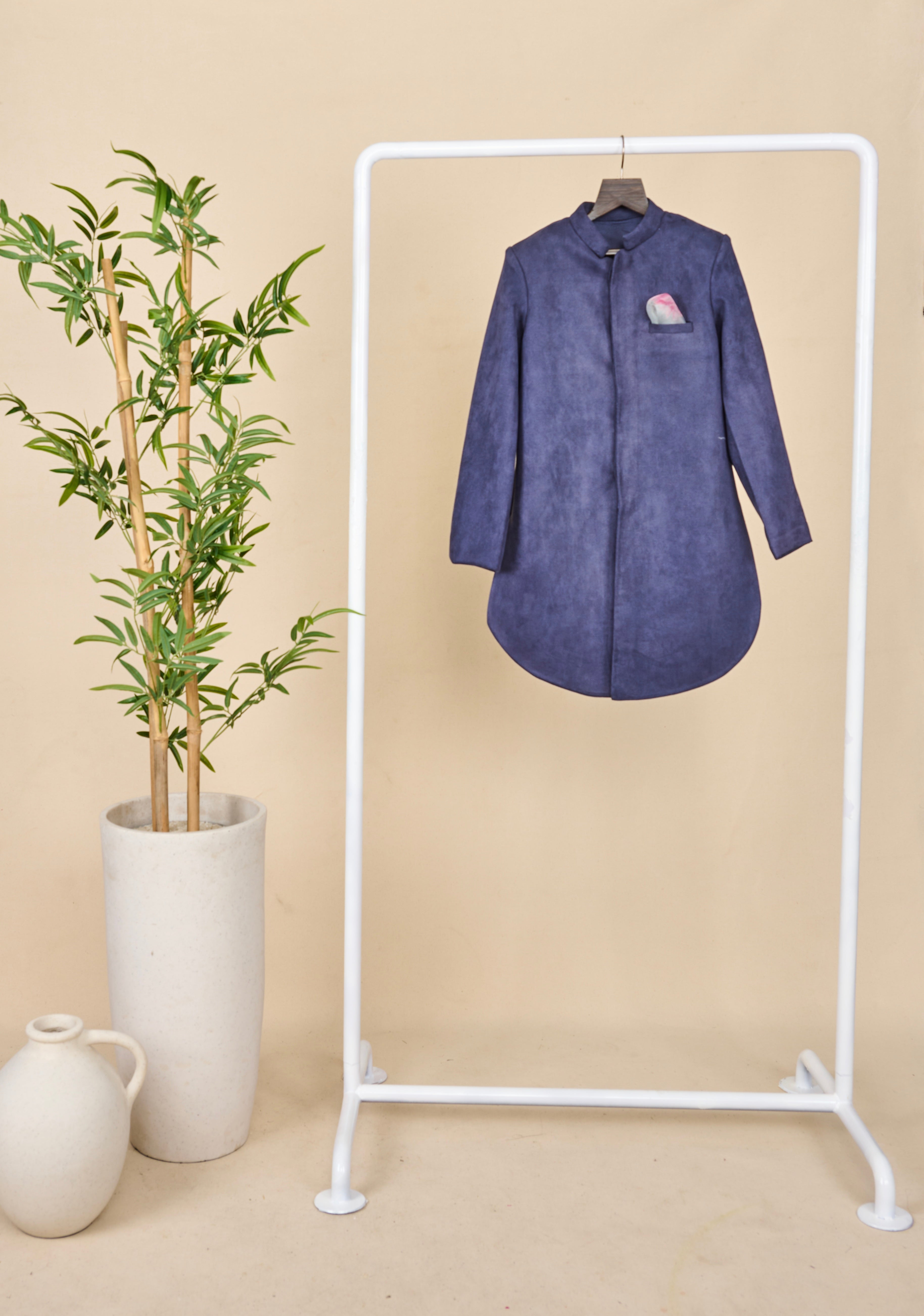 Navy Blue Suede Achkan Set
