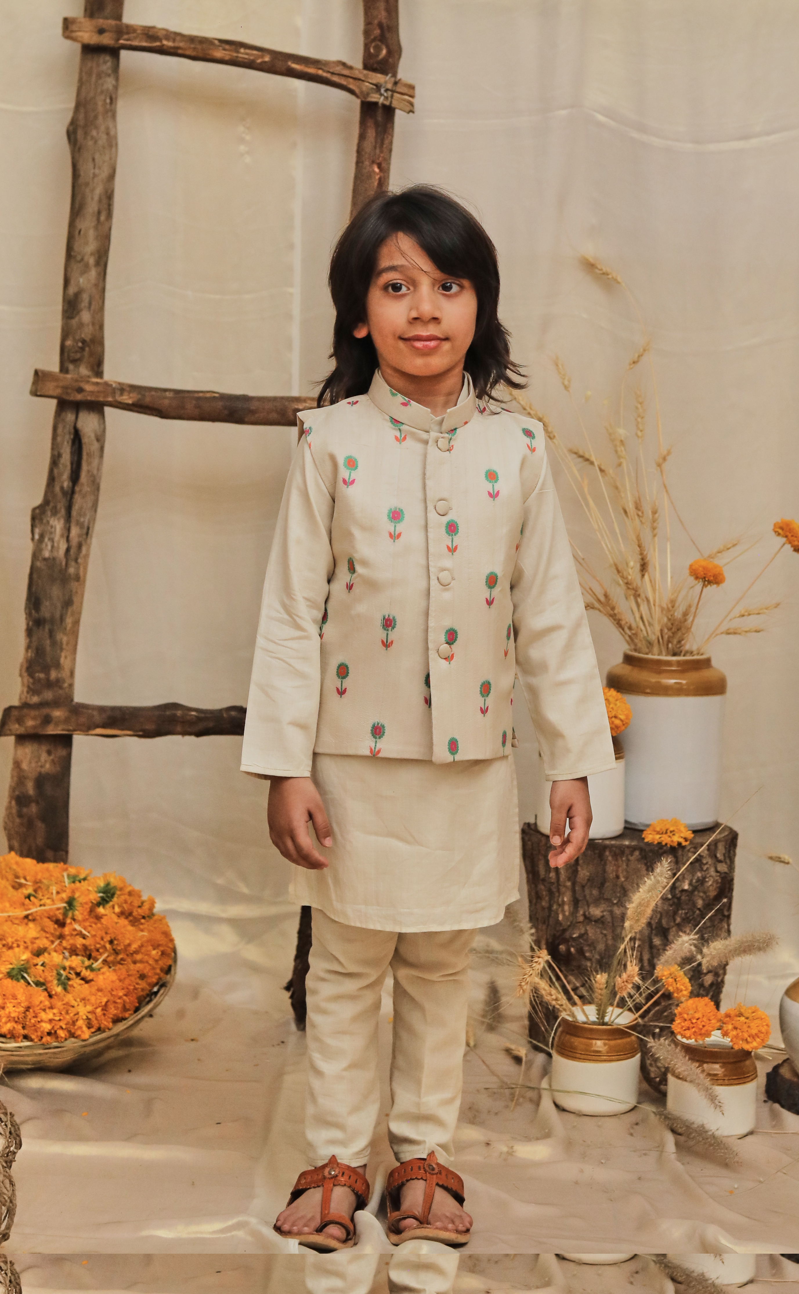 Beige Moonga Printed Kurta Jacket Set