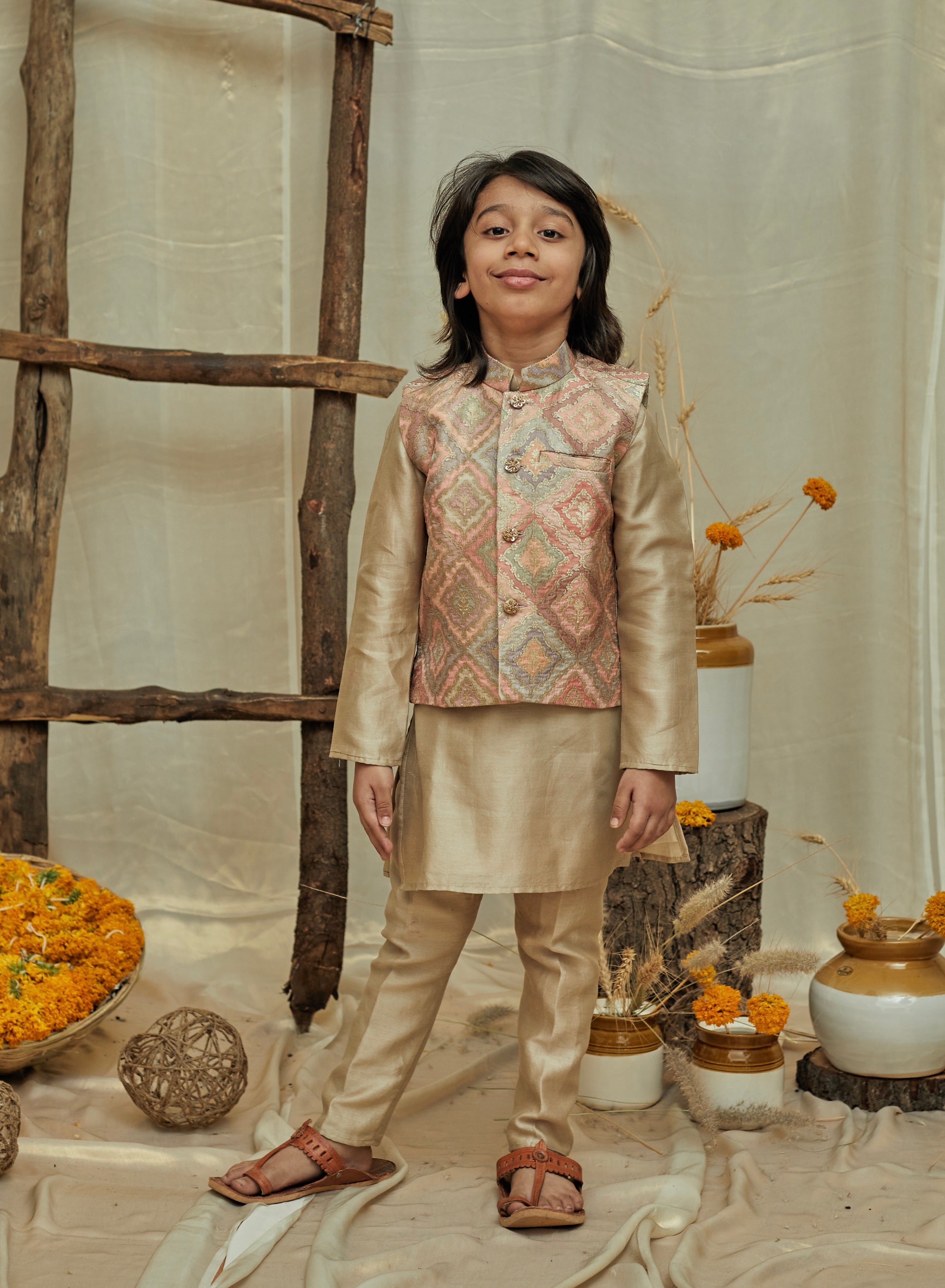 Onion Pink Handloom Silk Kurta Jacket Set