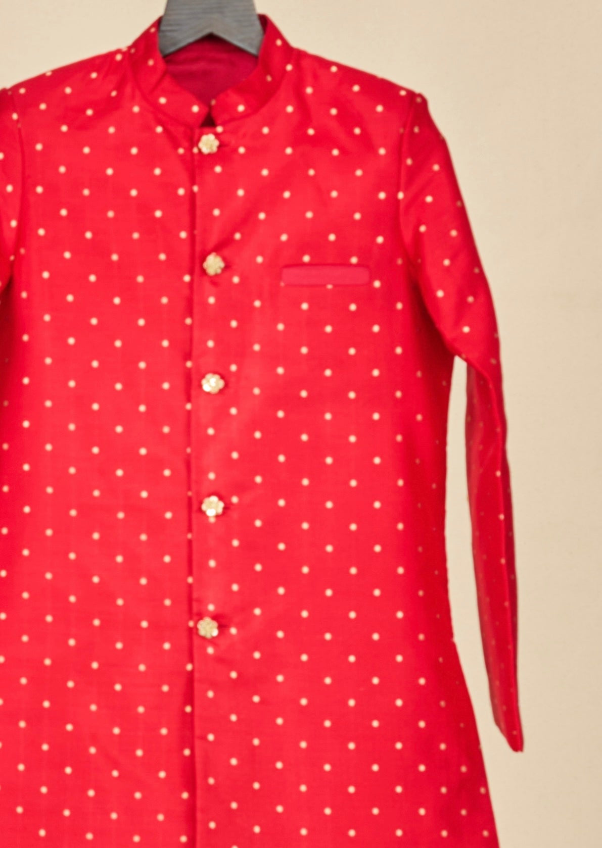 Bright Red Silk Weave Achkan Set