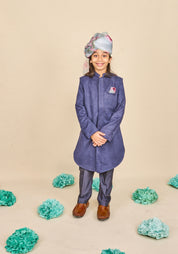 Navy Blue Suede Achkan Set