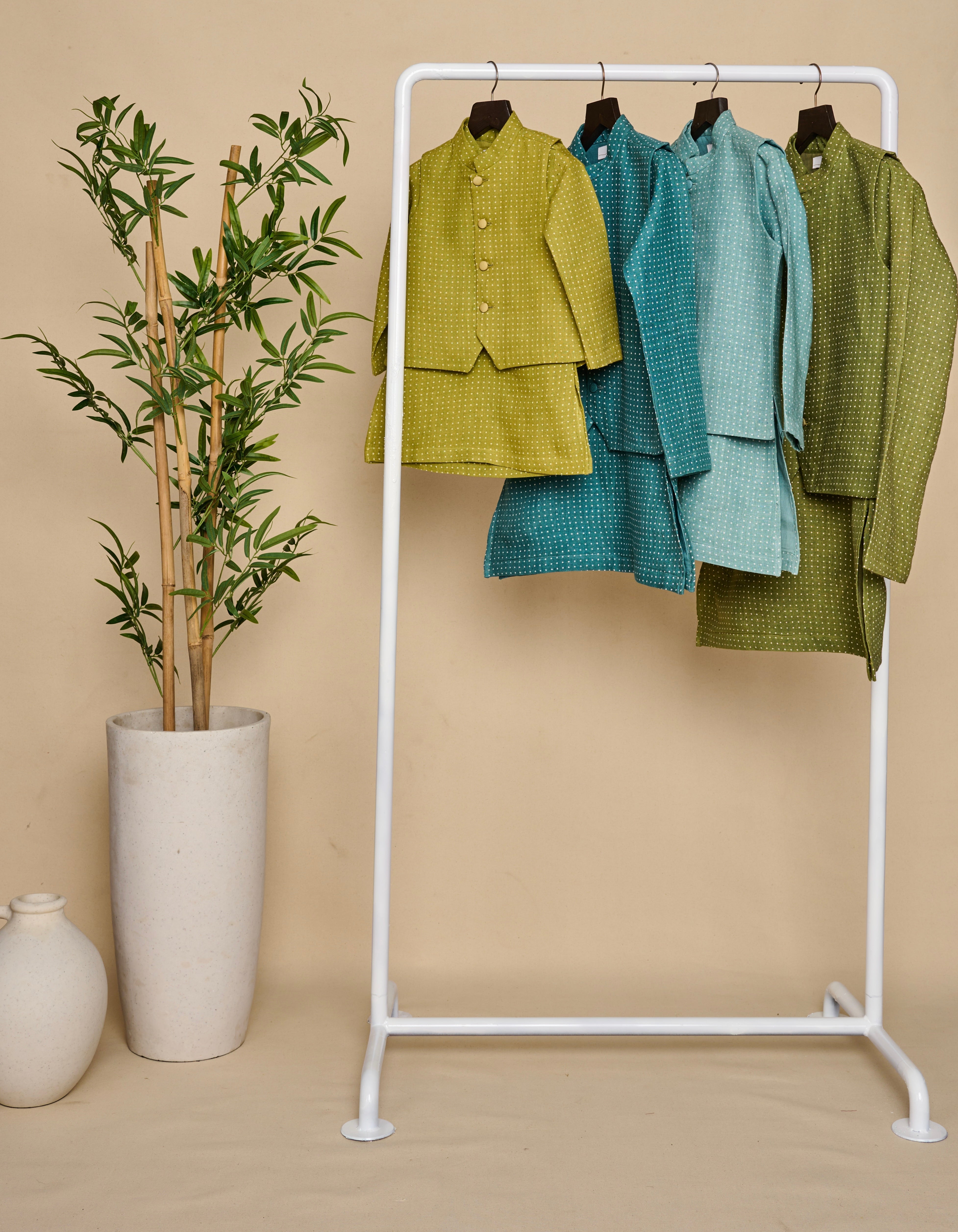 Olive Green Linen Kurta Jacket Set