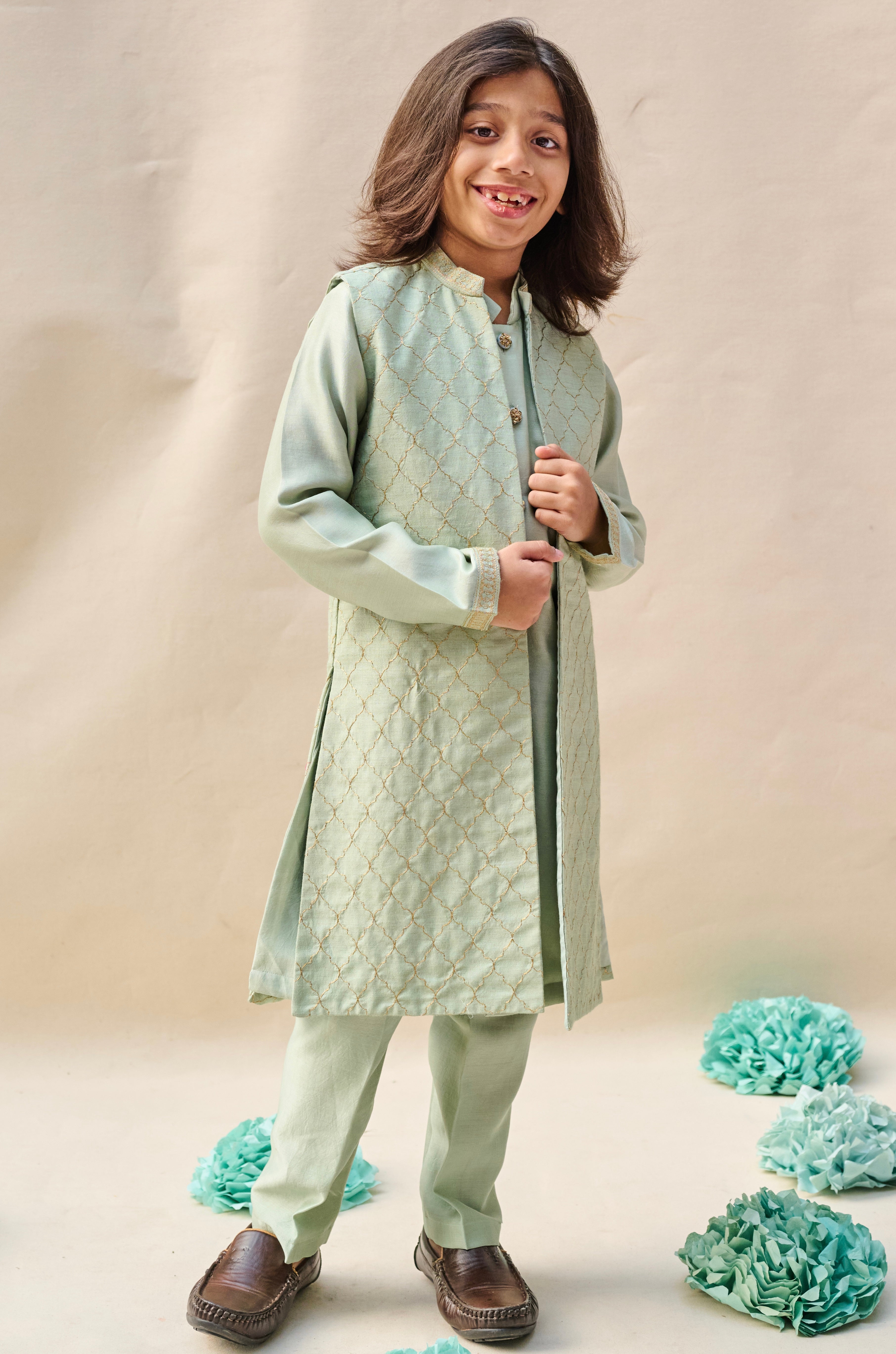 Glacial Green Tassar Long Jacket Set