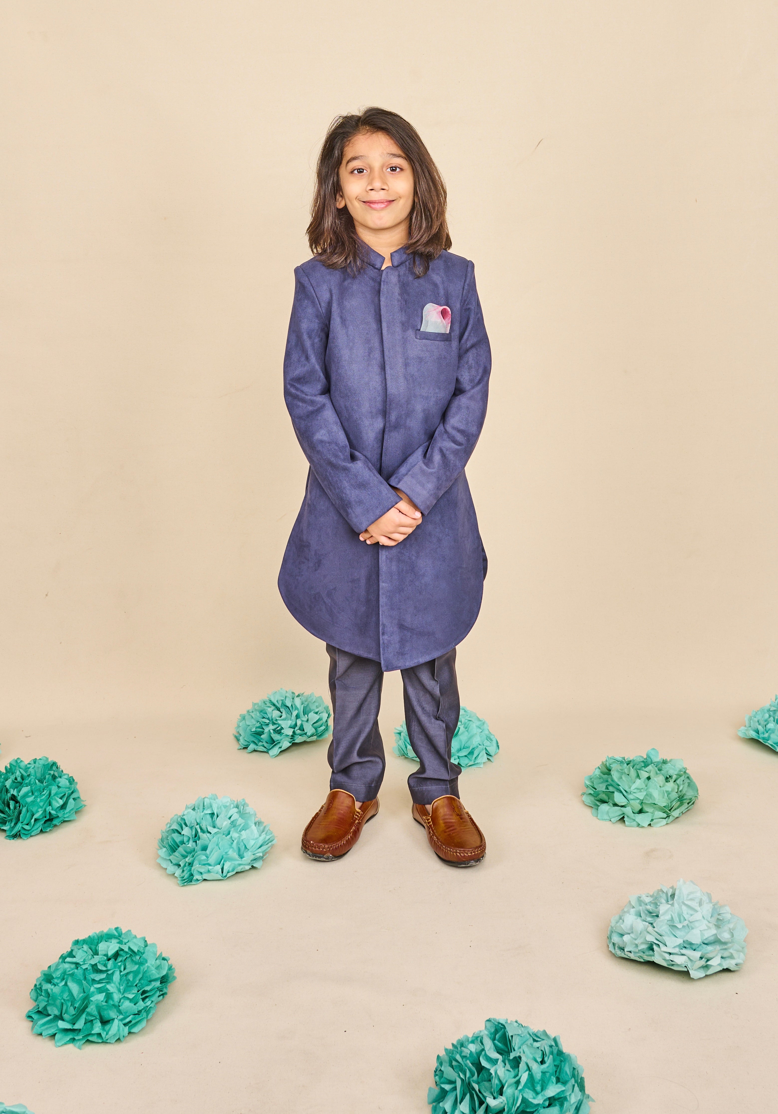 Navy Blue Suede Achkan Set