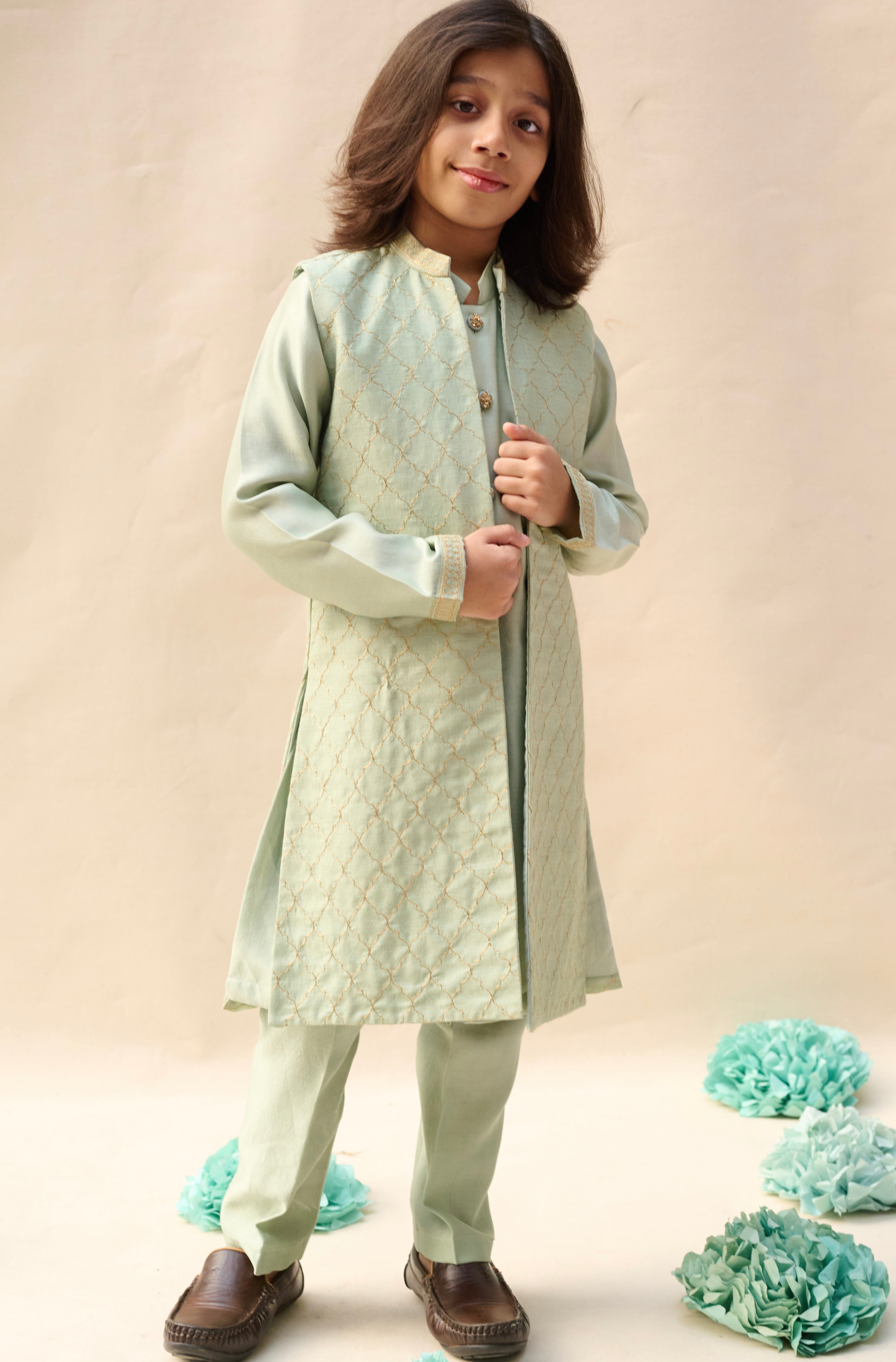 Glacial Green Tassar Long Jacket Set