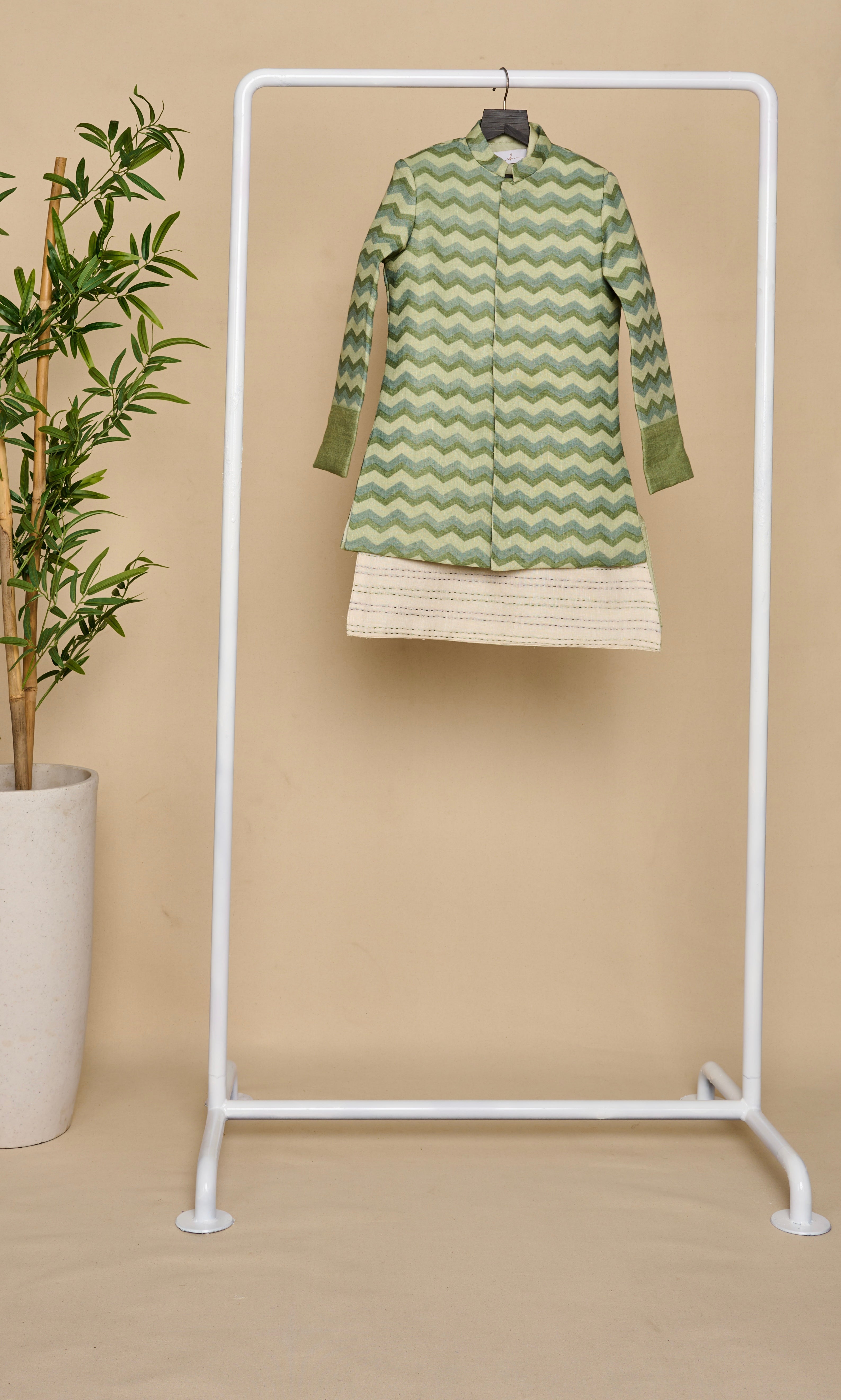 Sage Green Printed Linen Achkan Set