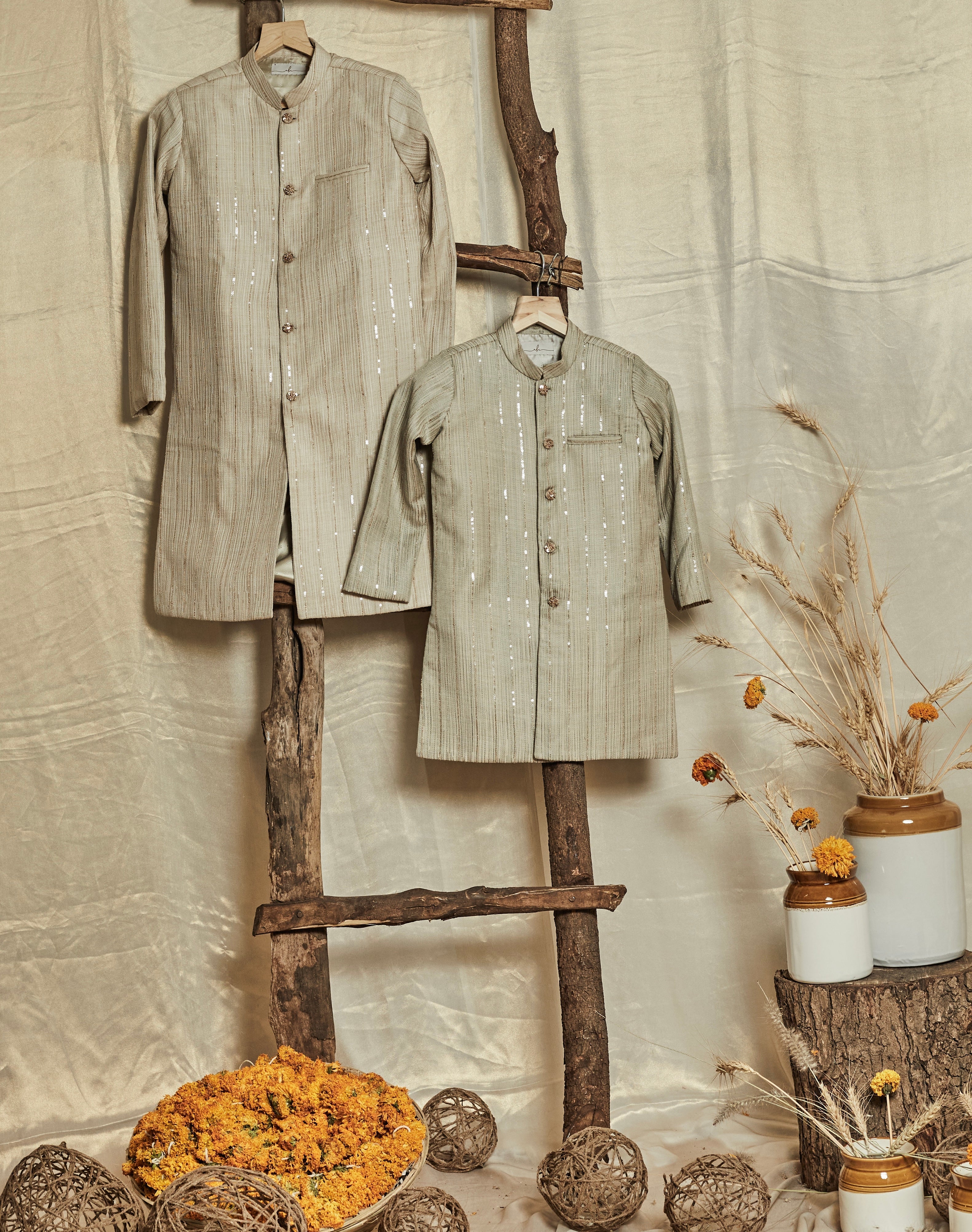 Sage Green Sequins Achkan Set