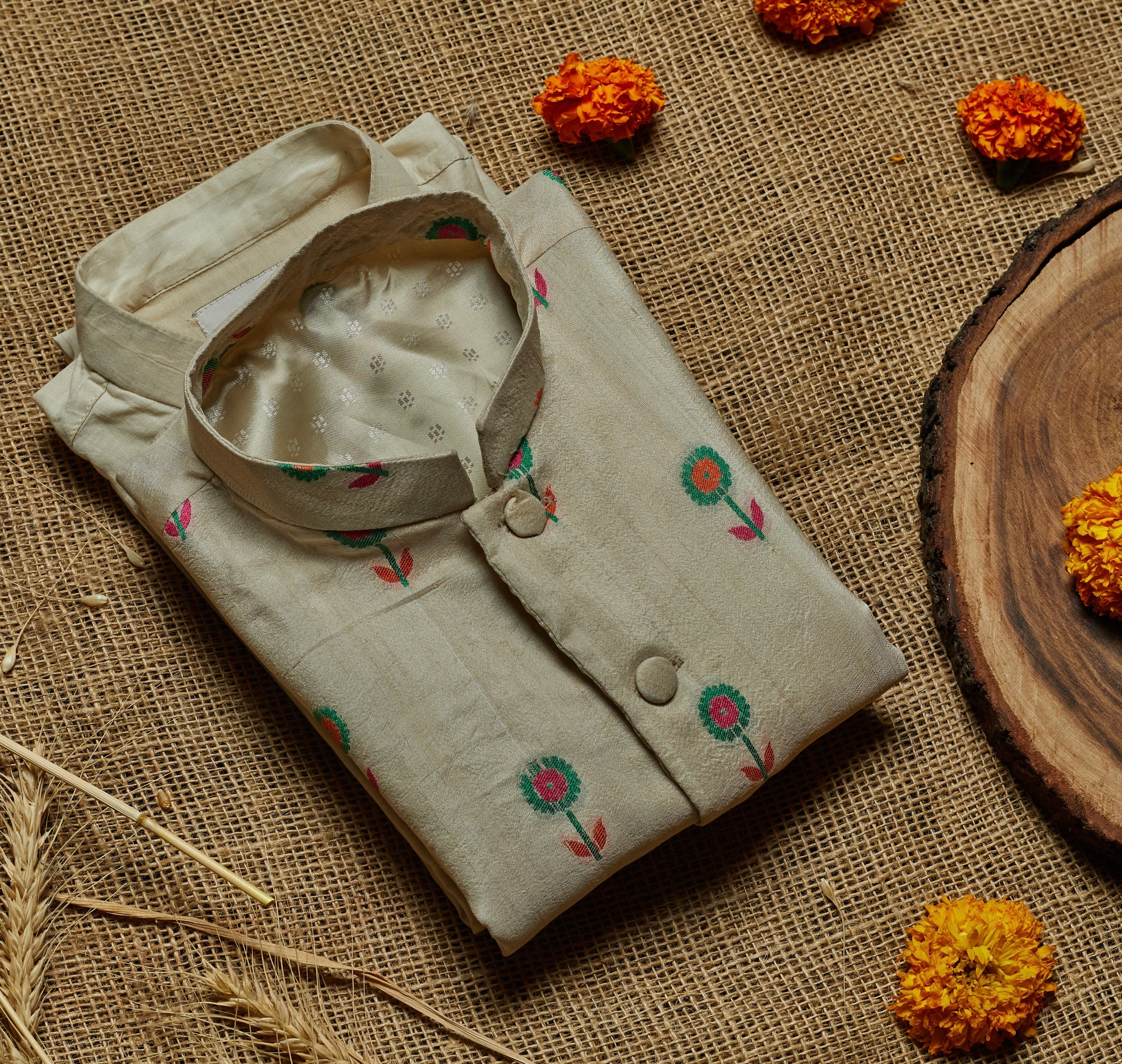 Beige Moonga Printed Kurta Jacket Set