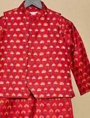 Cherry Red Jaipuri Prints Highlighted Kurta Jacket Set