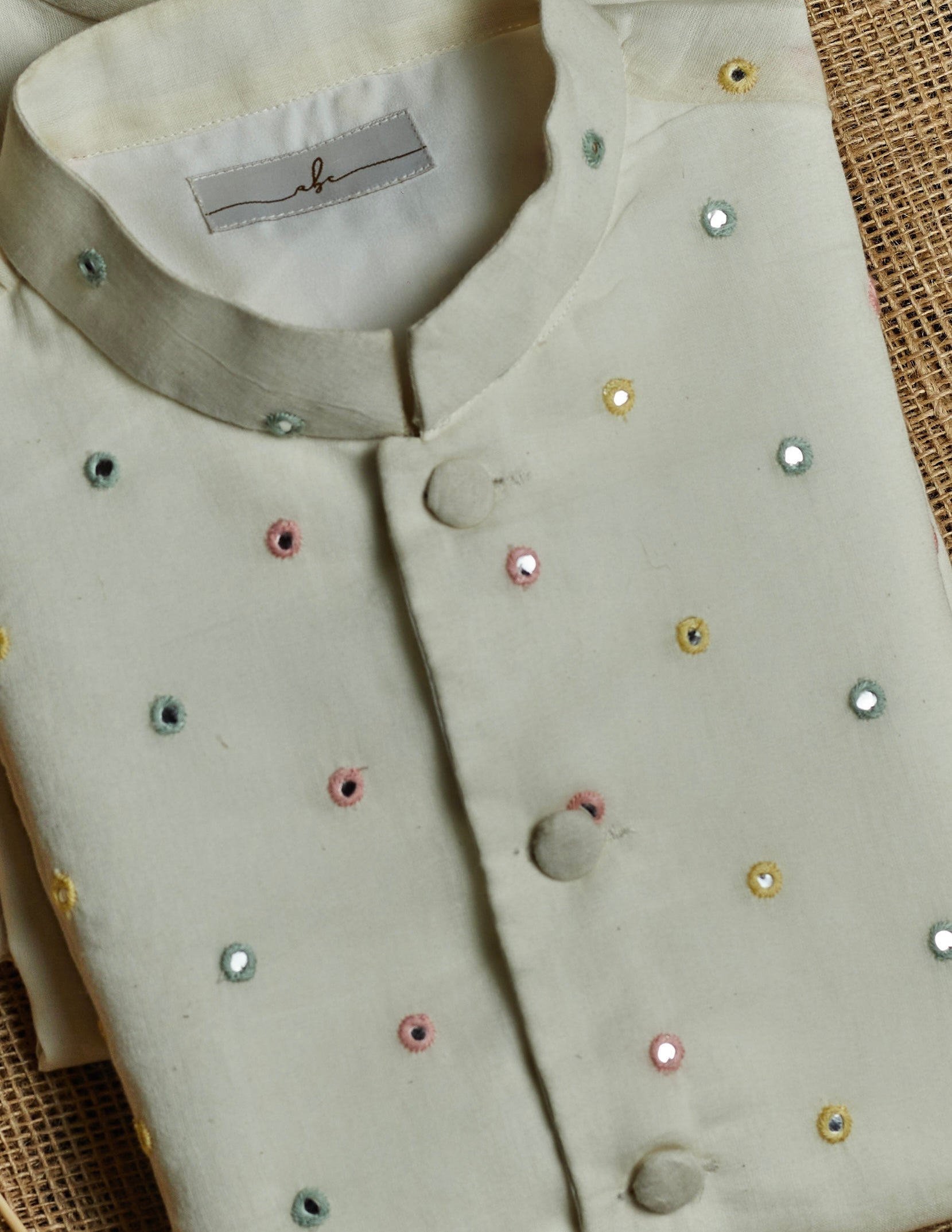 Off White Mirror Work Kurta Jacket Set