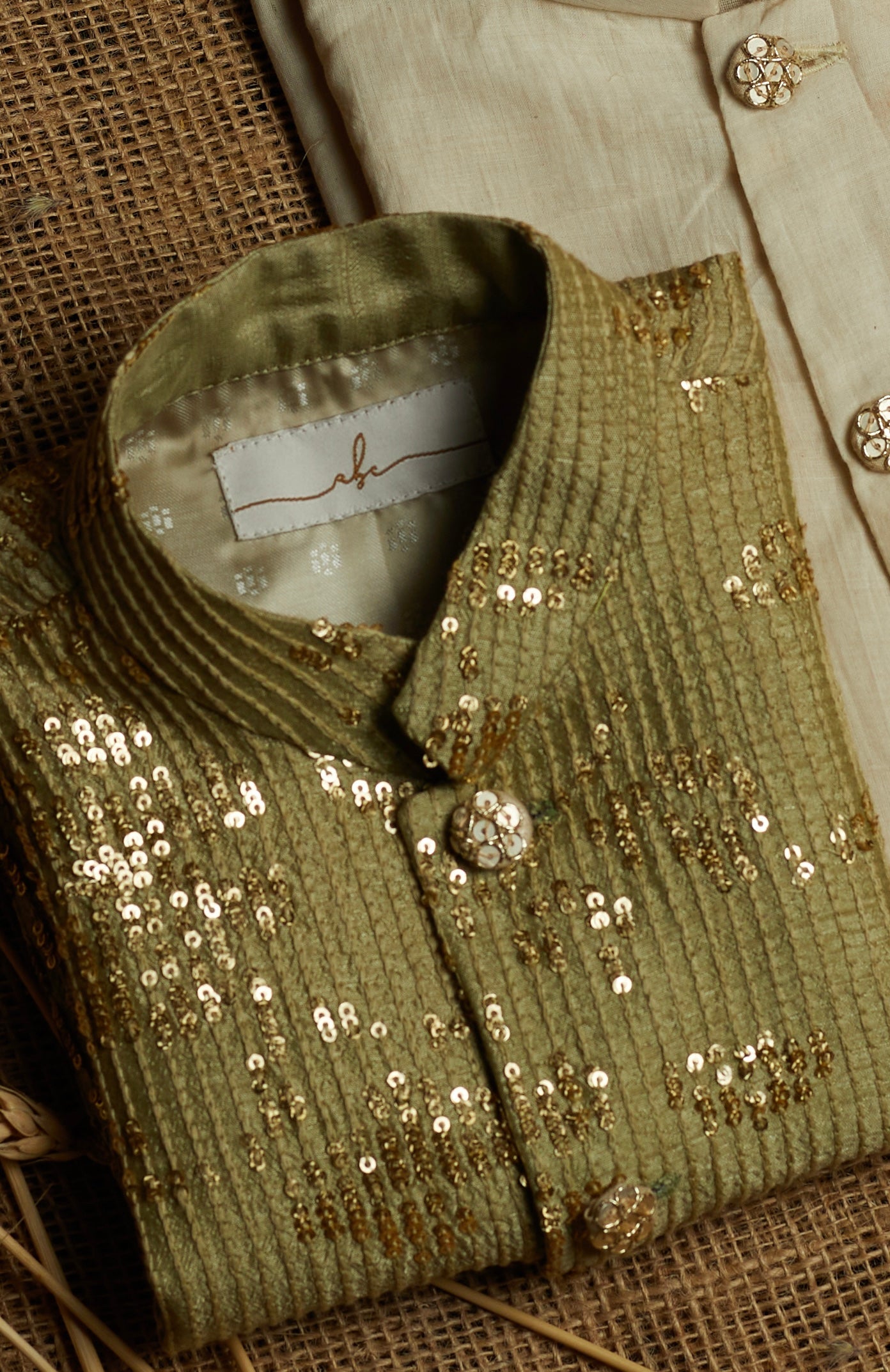 Sage Green Sequins Work Kurta Jacket Set