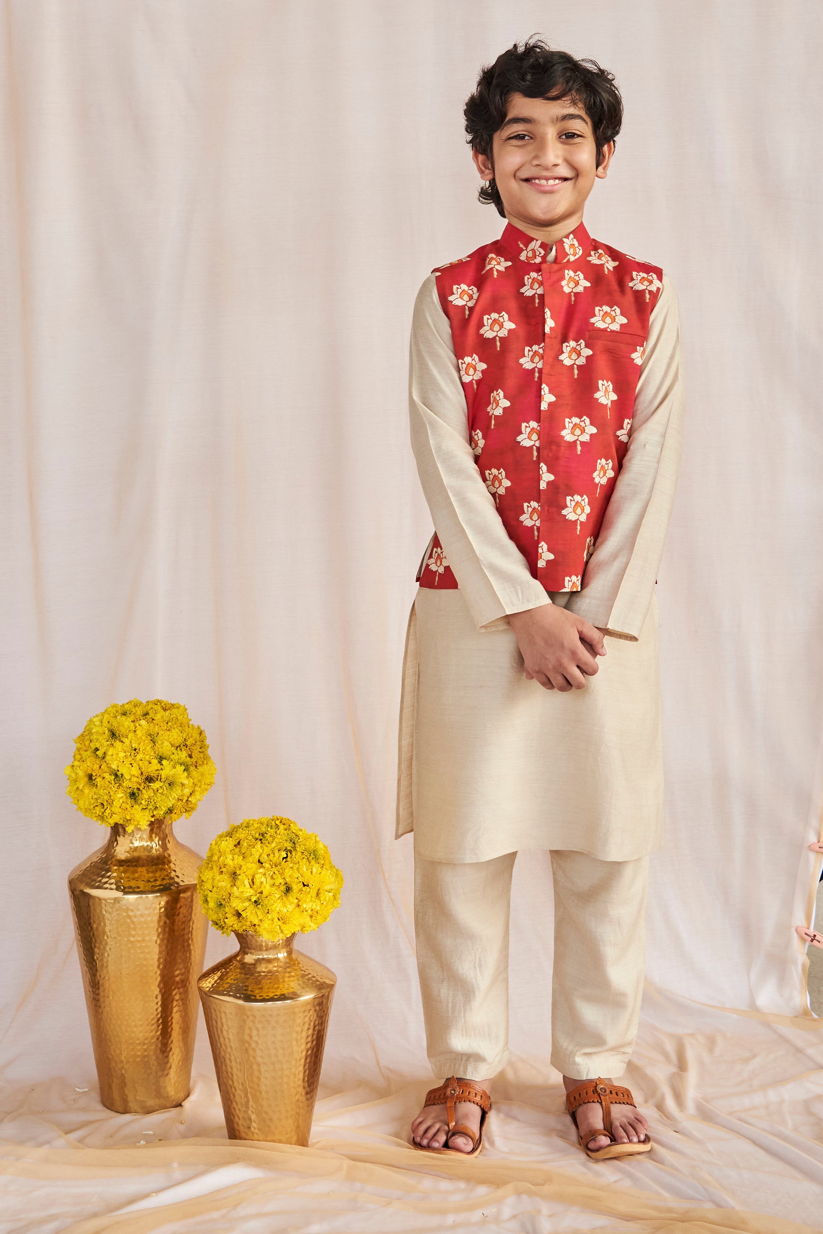 Pink Lotus Print Kurta Jacket Set