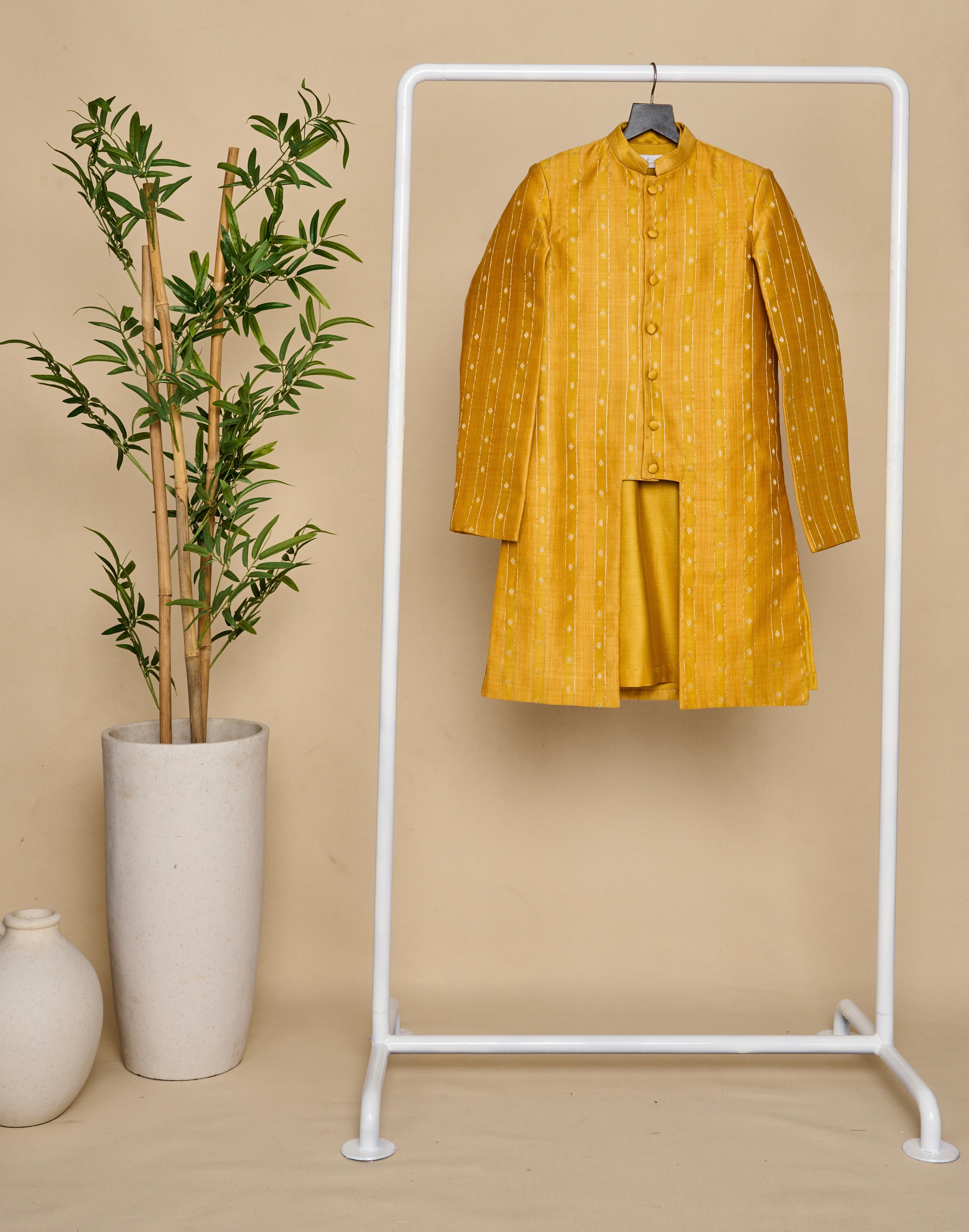 Honey Yellow Moonga Silk Achkan Set