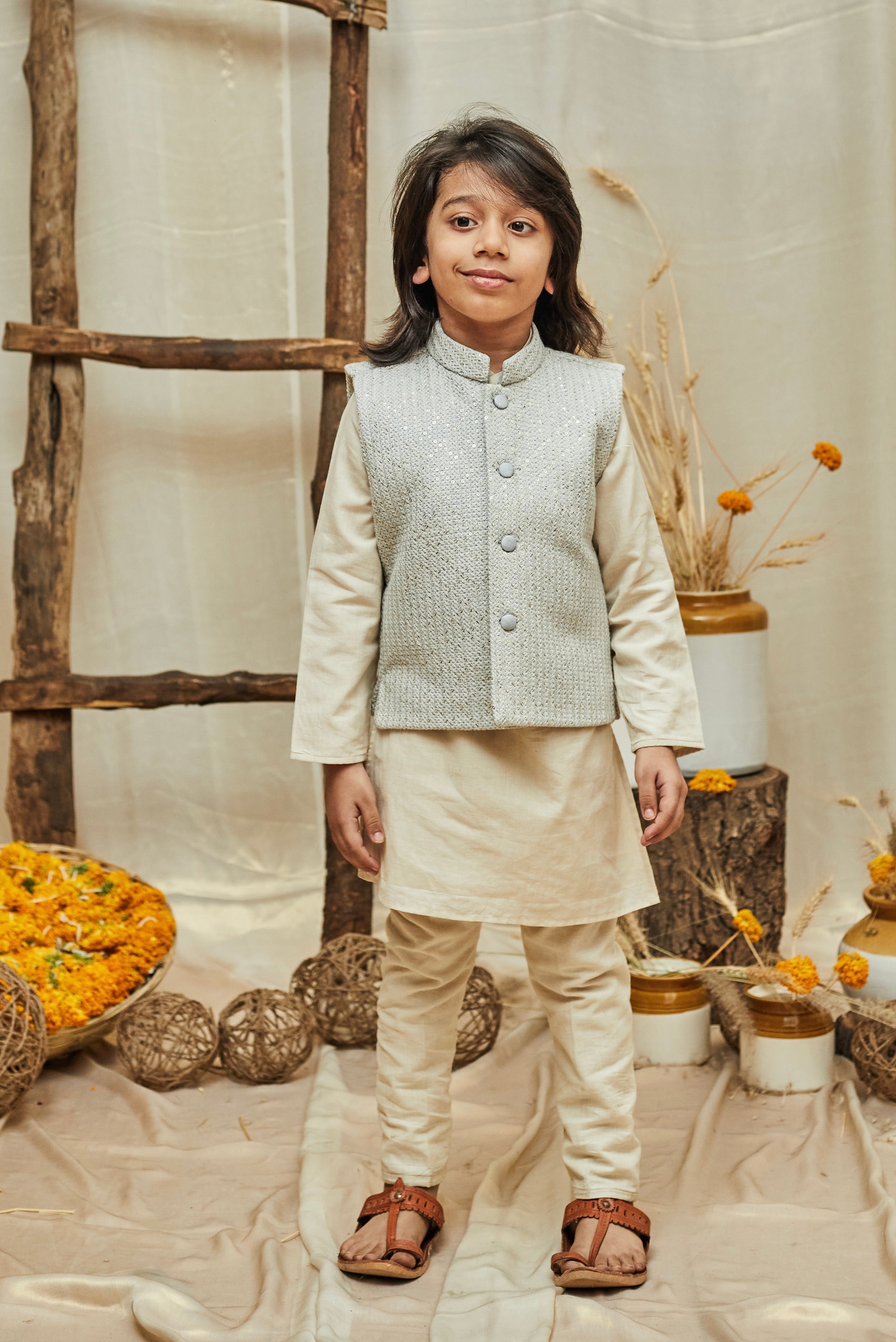 Sky Coloured Lakhnavi Kurta Jacket Set