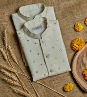 Off White Mirror Work Kurta Jacket Set