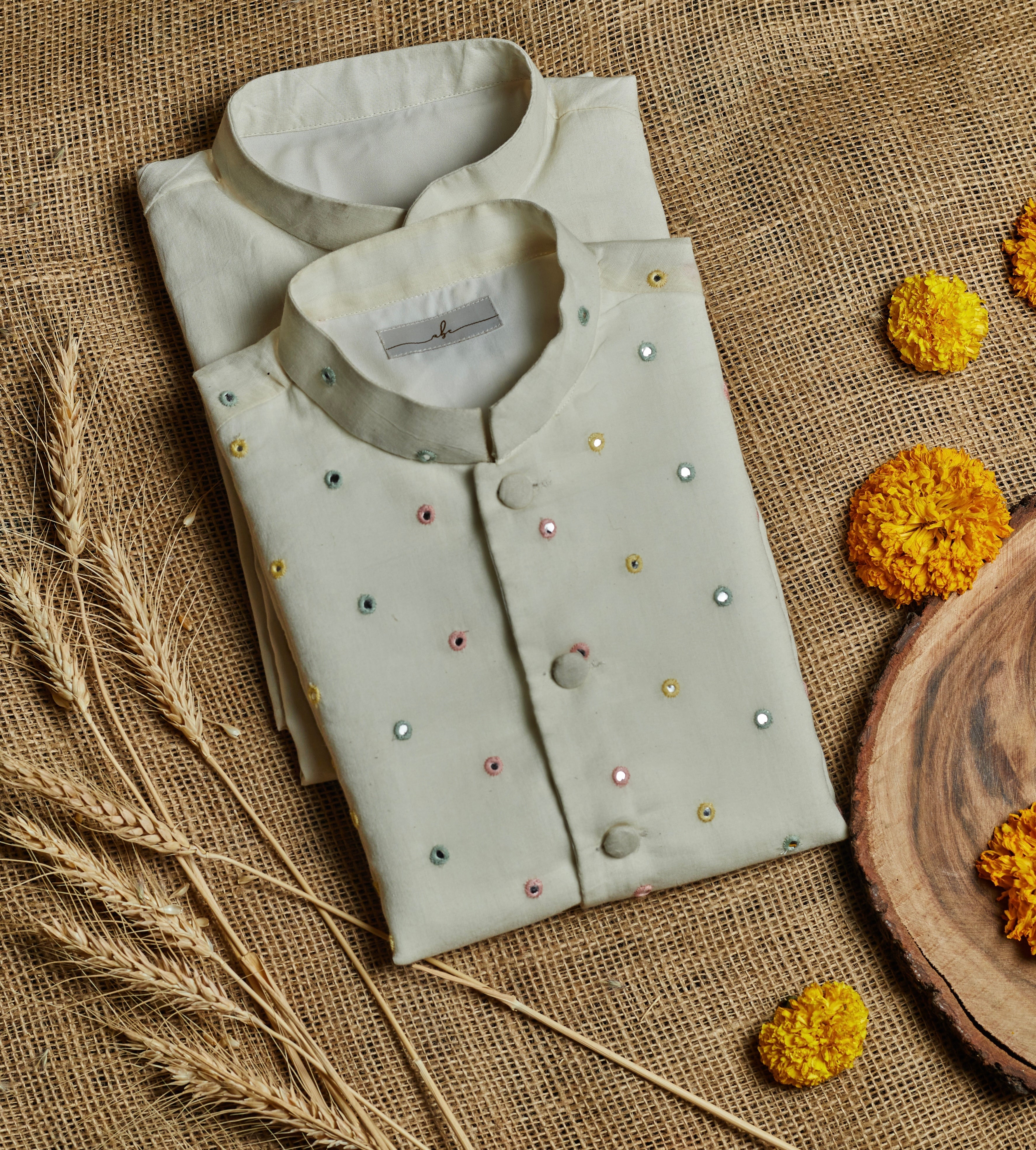 Off White Mirror Work Kurta Jacket Set