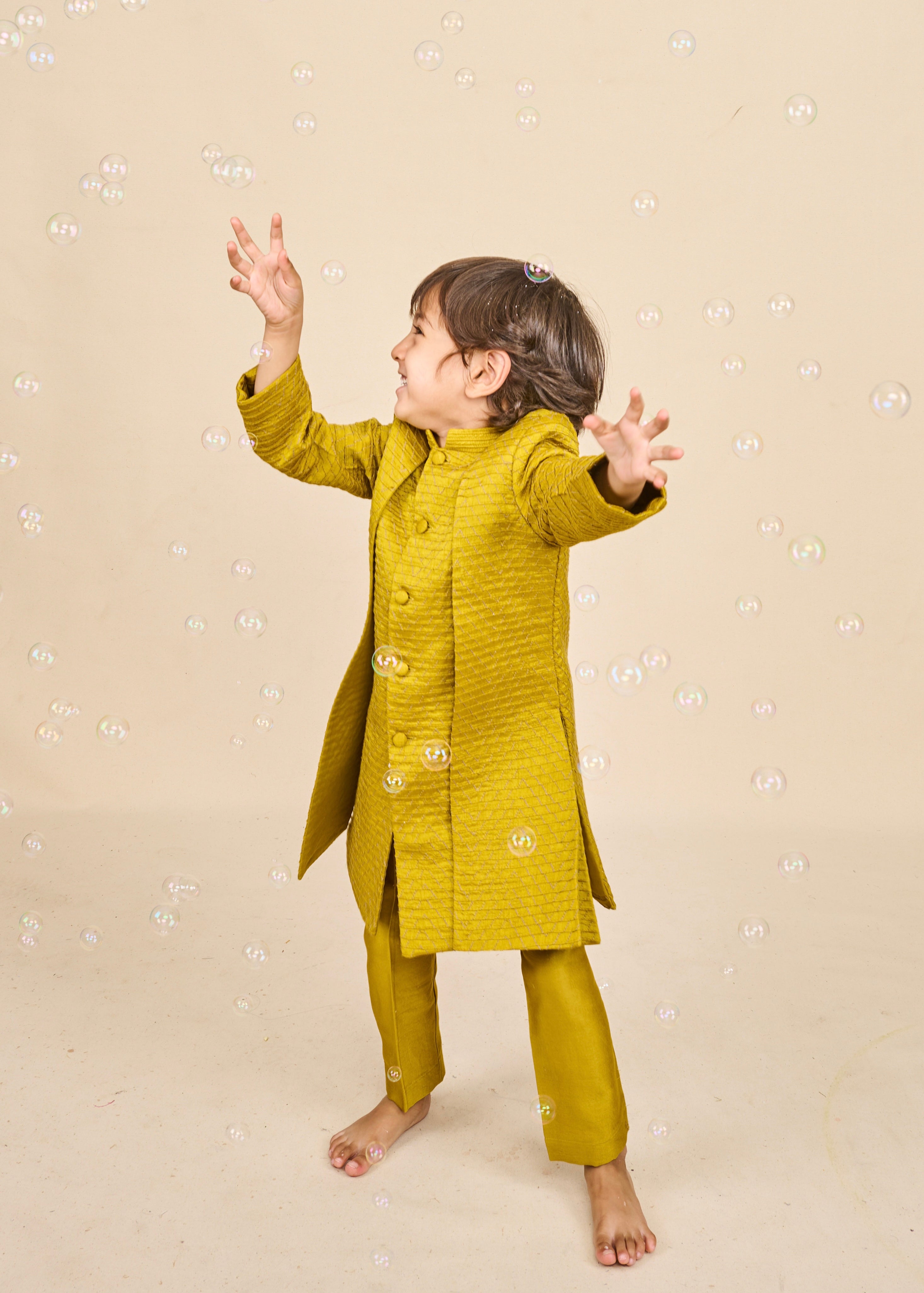 Flaxen Yellow Layered Achkan Set