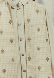 Off White Embroidered Kurta And Long Jacket Set