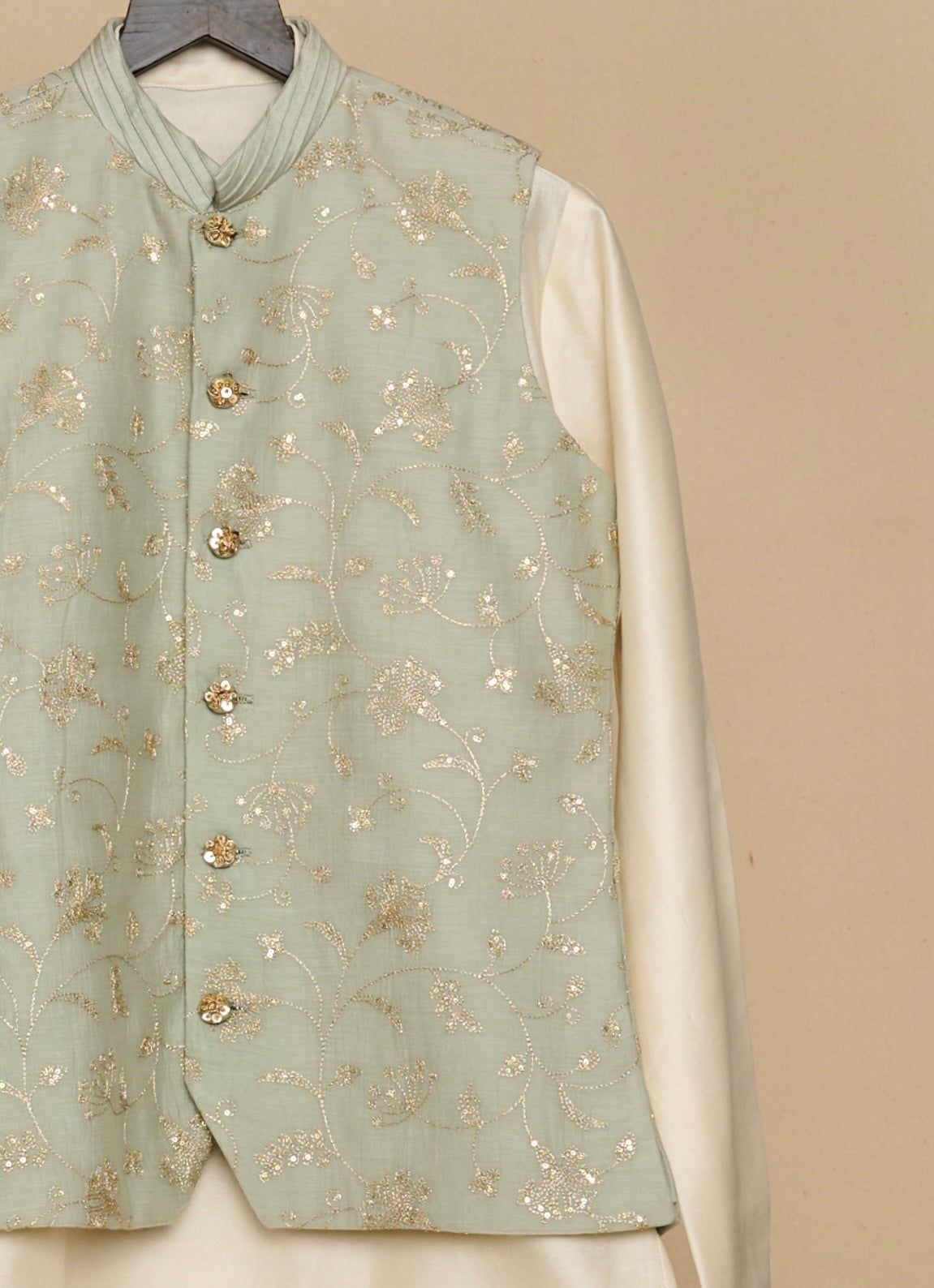 Tea Green Zari Kurta Jacket Set