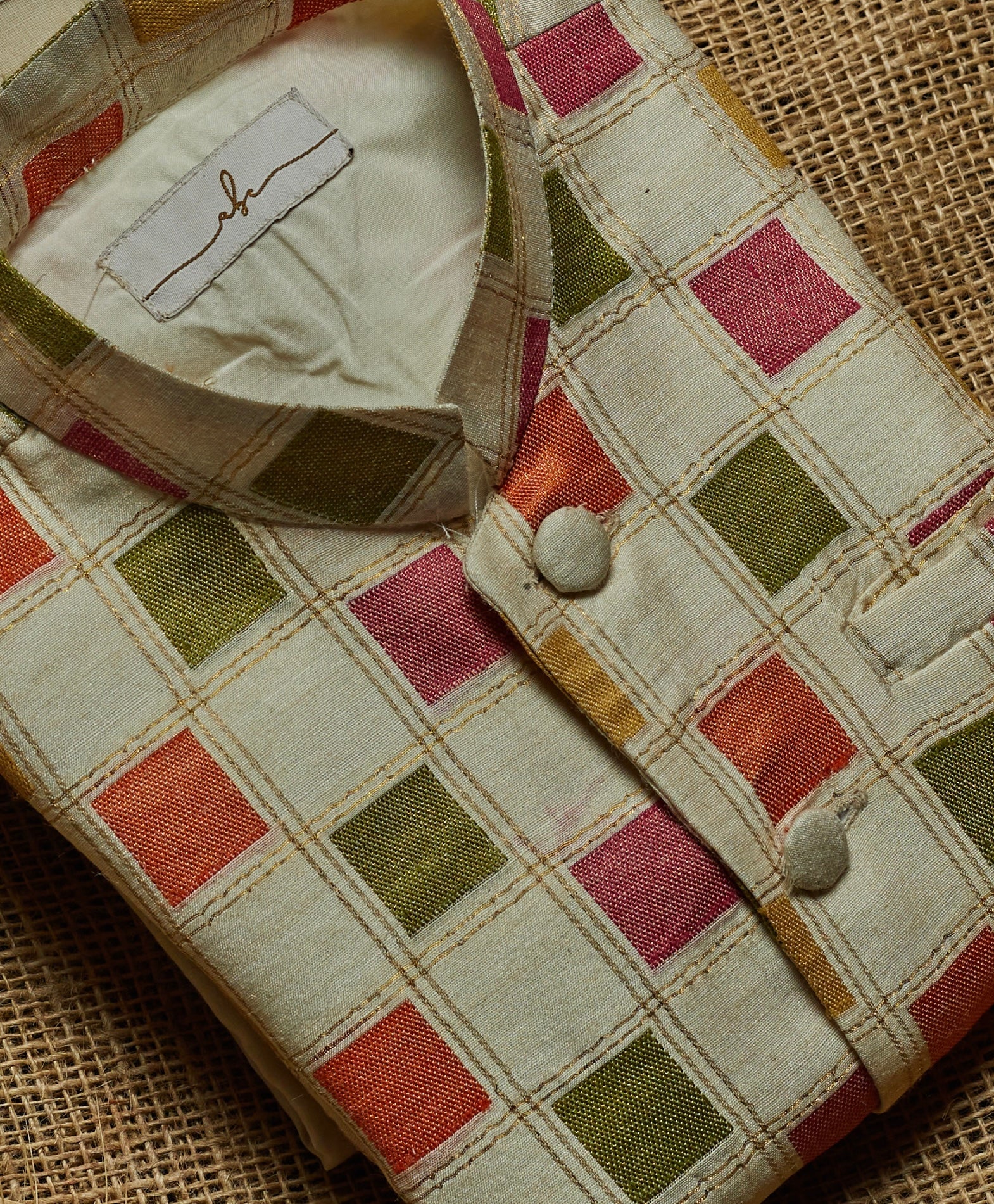 Beige Multicolour Moonga Silk Kurta Jacket Set