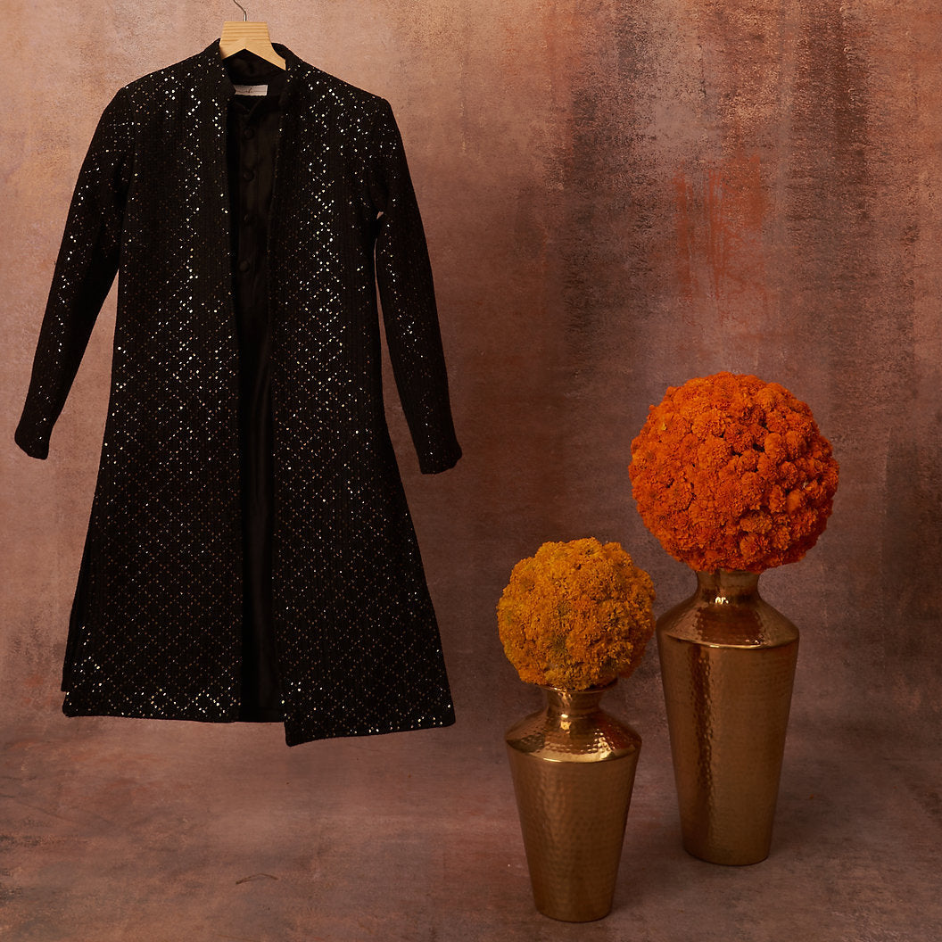 Black Open Achkan Set