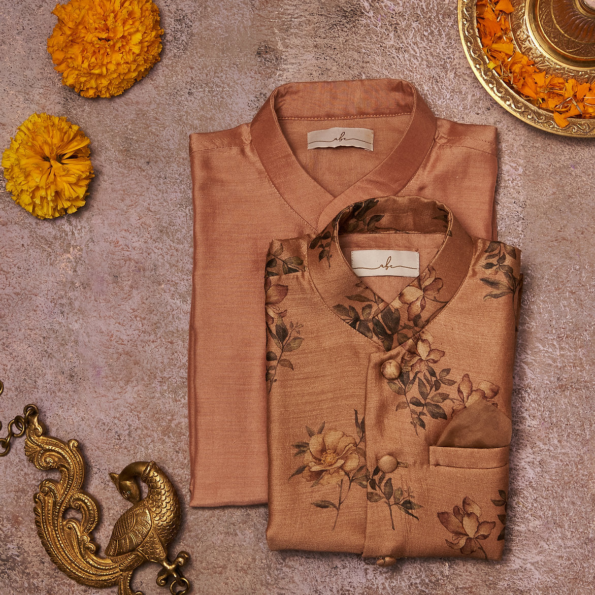 Onion Pink Tussar Silk Kurta Jacket Set