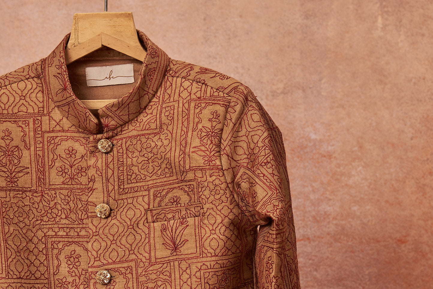 Beige Embroidered Achkan Set