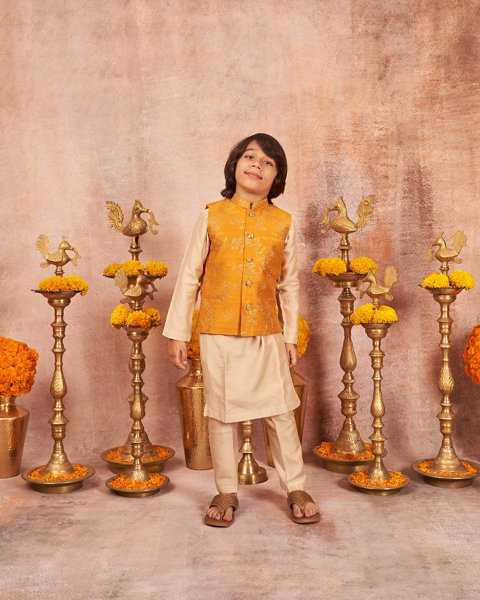 Mustard Zari Work Kurta Jacket Set