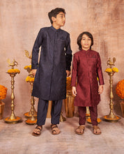Navy Blue Handloom Silk Achkan Set